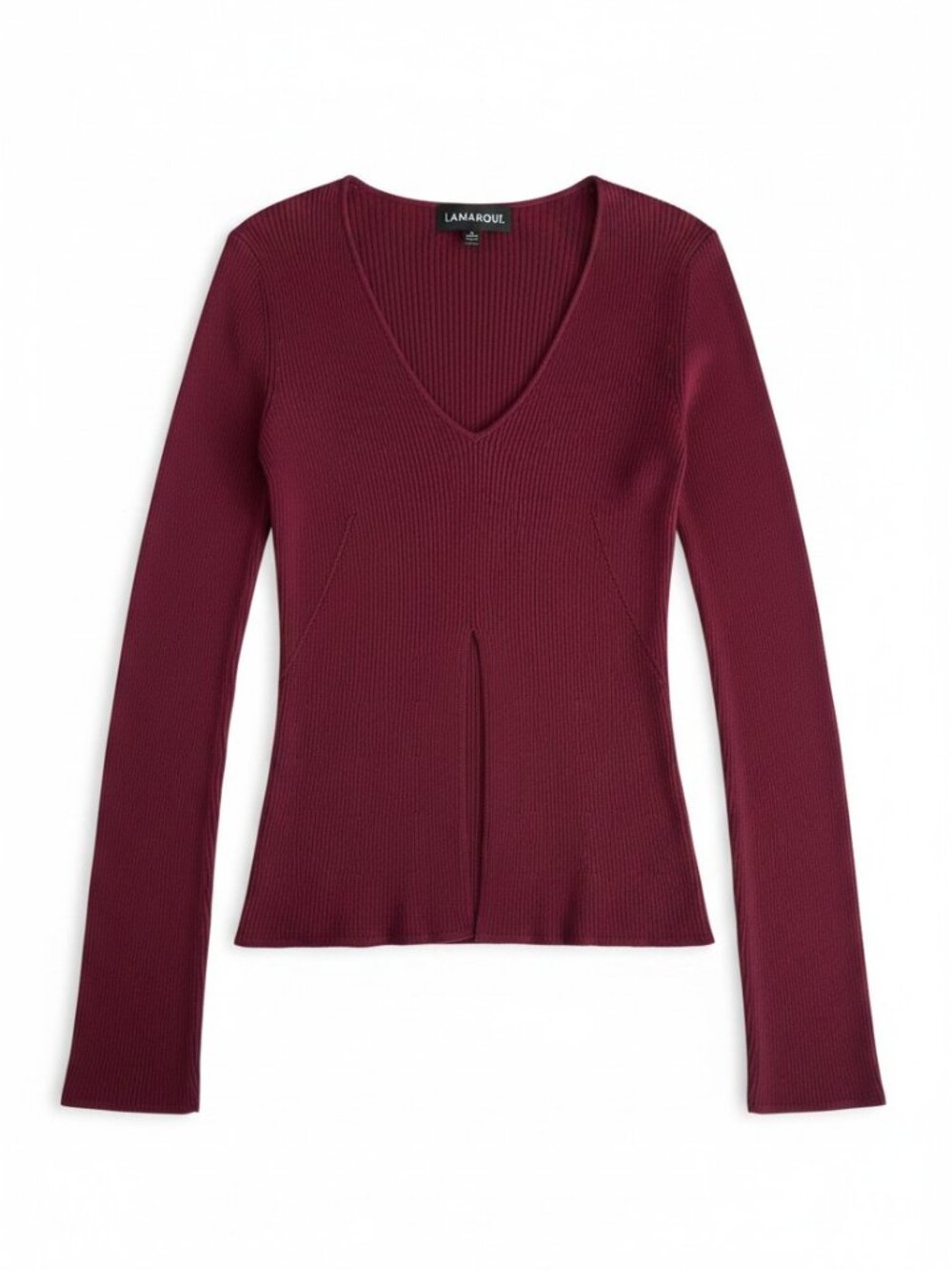 LAMARQUE Aracelli Burgundy V-Neck Knit Top Front Slit Size S NWT